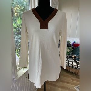 RL long sleeve off white top with brown suede neckline